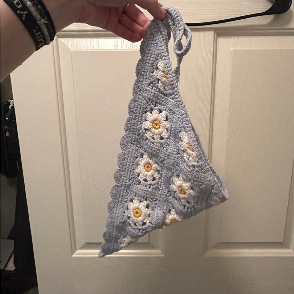 Handmade Crochet Floral Hair Scarf - Blue and White